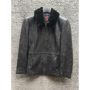 Gallery Petite Fur‎ Collared Full Zip Leather Jacket Black Womens Size PM